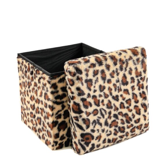 Go-Poufs Knock-Down Small Cube Faux Fur Storage Ottoman | Leopard | 12"x12"x12" - Picture 2 of 5